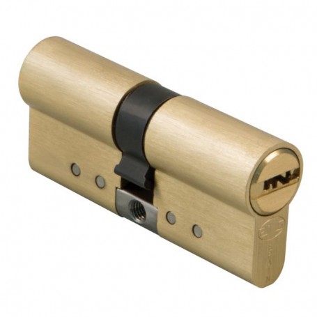 Cilindro de alta seguridad en latón con 6 pins y leva de 15 mm.<br>1 Pin antitaladro en el cuerpo y 2 en el rotor.<br>Barra anti